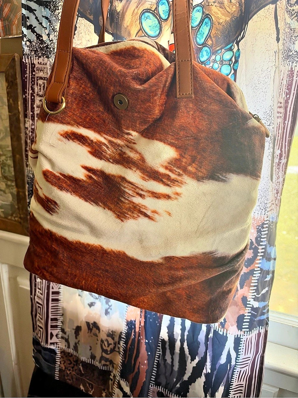 Domil Cow Print Tote in Brown & Cream Like New